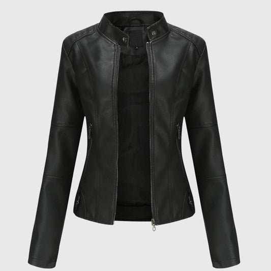 Slim fit imitatieleren bikerjack voor dames met opstaande kraag en ritssluiting
