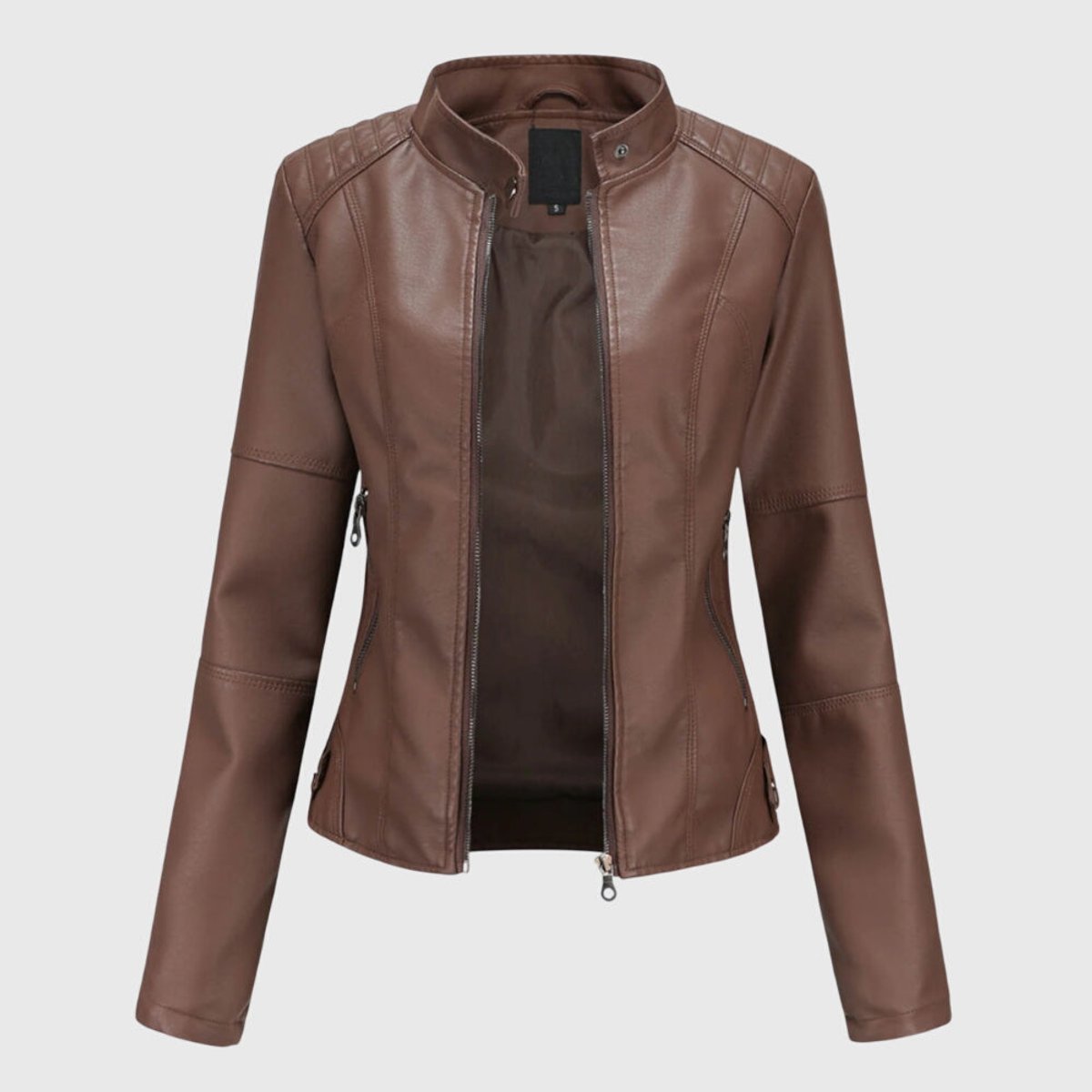 Slim fit imitatieleren bikerjack voor dames met opstaande kraag en ritssluiting