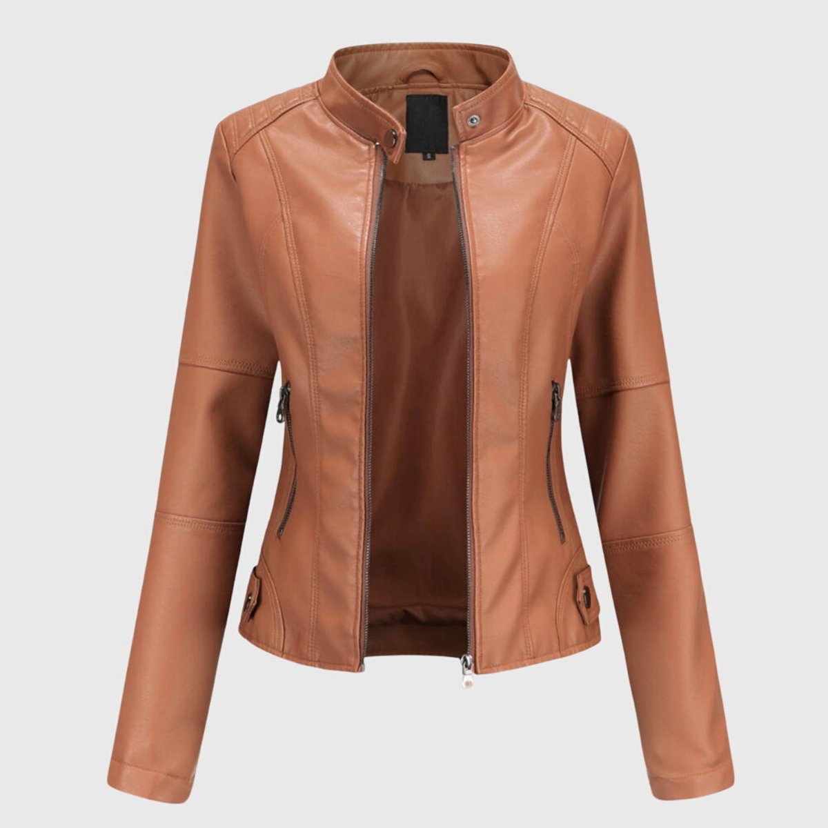 Slim fit imitatieleren bikerjack voor dames met opstaande kraag en ritssluiting