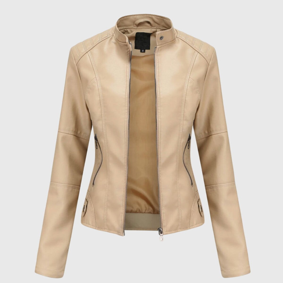Slim fit imitatieleren bikerjack voor dames met opstaande kraag en ritssluiting