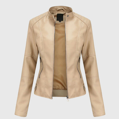 Slim fit imitatieleren bikerjack voor dames met opstaande kraag en ritssluiting