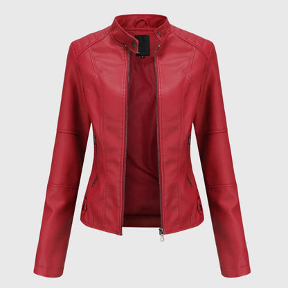 Slim fit imitatieleren bikerjack voor dames met opstaande kraag en ritssluiting
