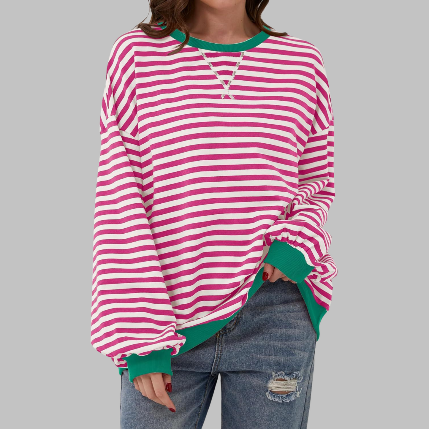 Image of Stephanie | Dames Gestreept Lange Mouw Ronde Hals Trui