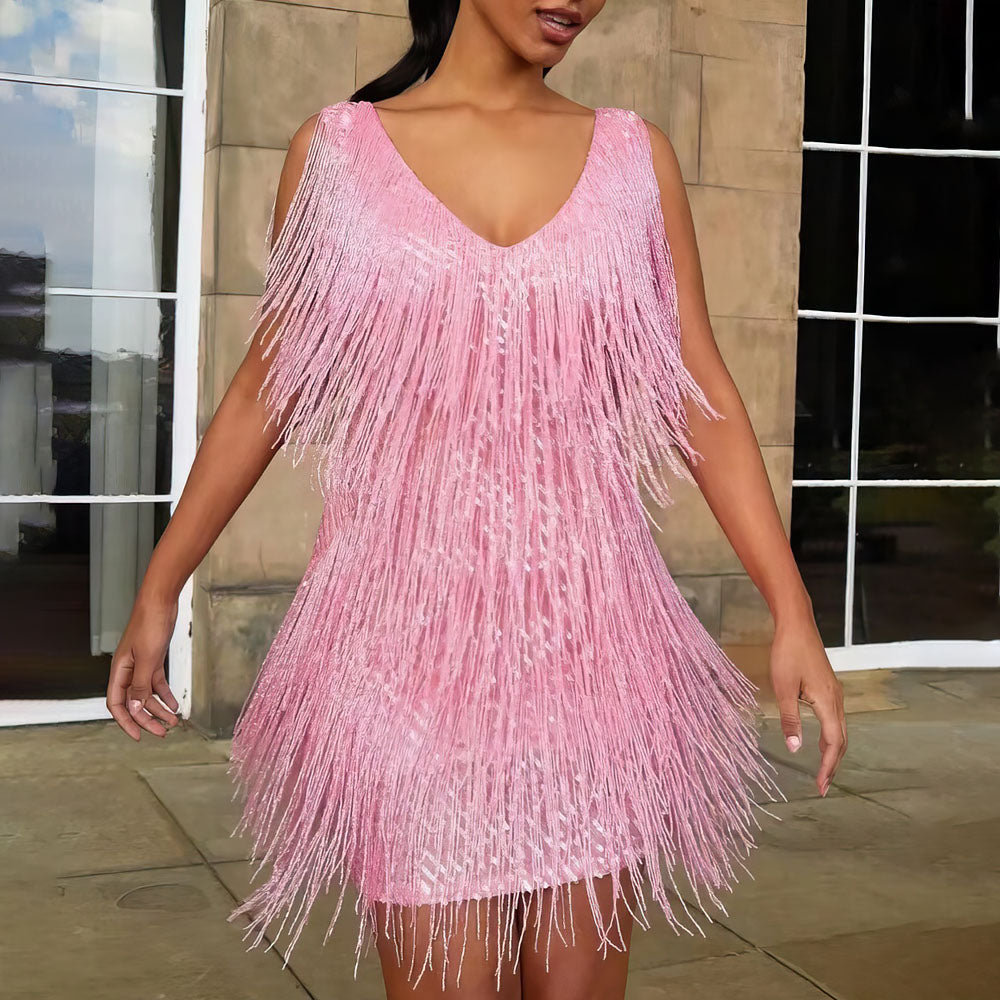 Image of Susan | Dames V-hals Fringe Mini Jurk