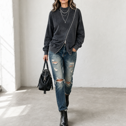 Sweatvest met diagonale rits en verlaagde schouders