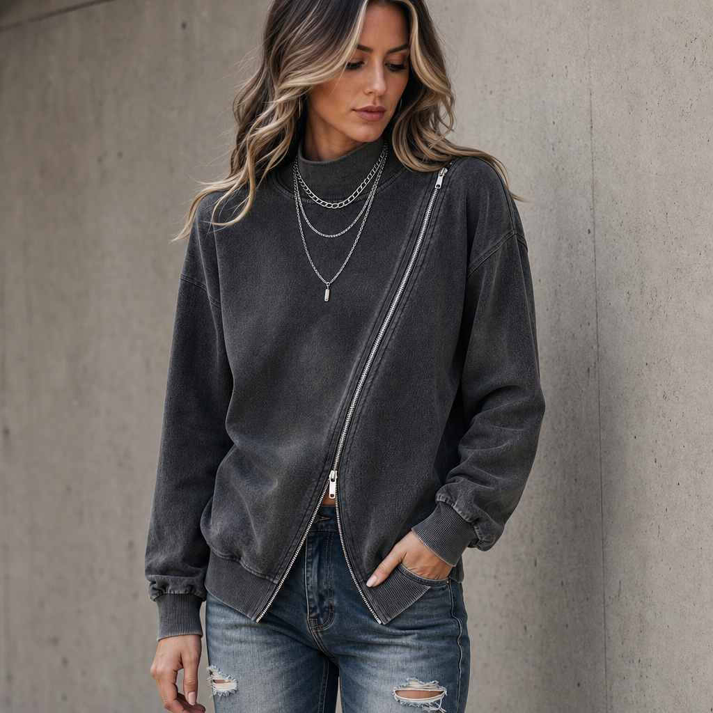 Sweatvest met diagonale rits en verlaagde schouders