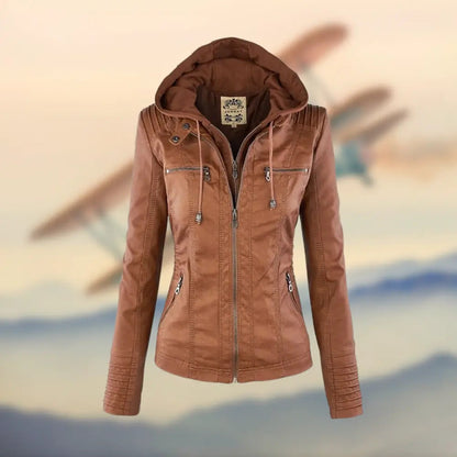 Cognackleurige leren damesjas met capuchon en lange mouwen