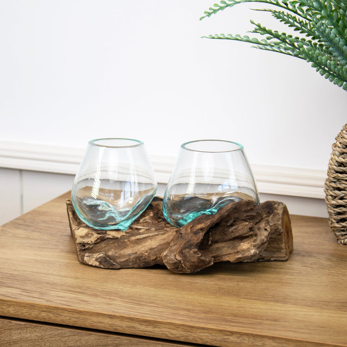 Teakwortel met Dubbele Mini Schaal van Mondgeblazen Glas