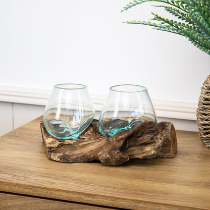 Teakwortel met Dubbele Mini Schaal van Mondgeblazen Glas