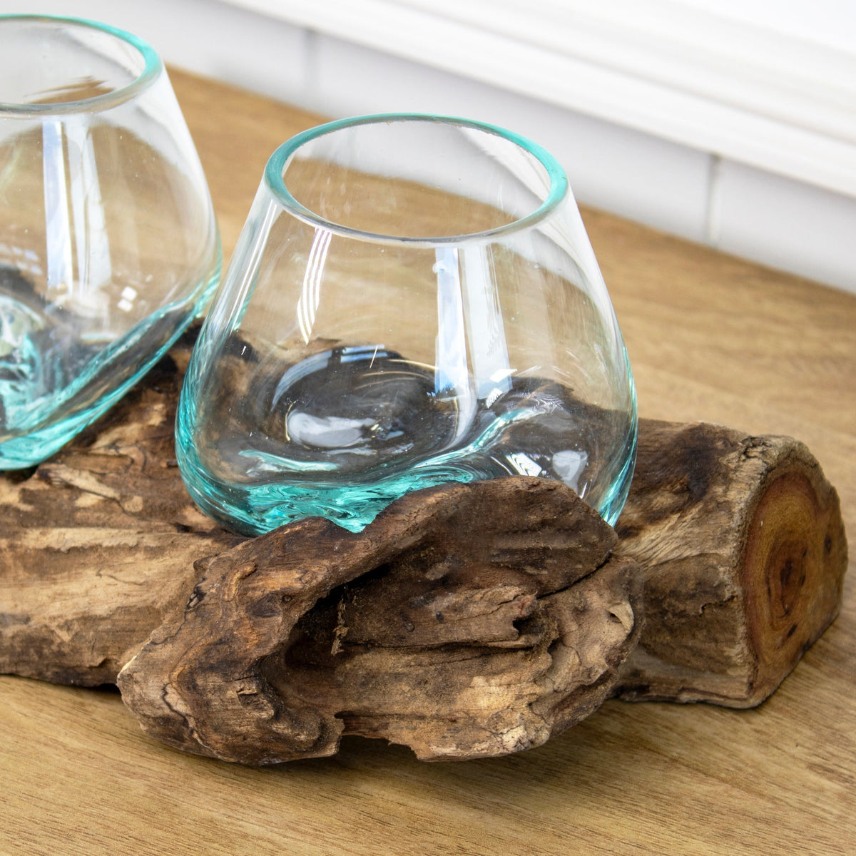Teakwortel met Dubbele Mini Schaal van Mondgeblazen Glas