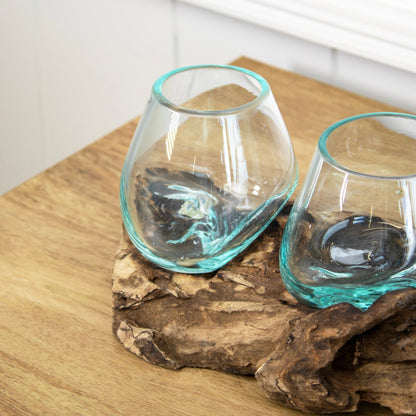 Teakwortel met Dubbele Mini Schaal van Mondgeblazen Glas
