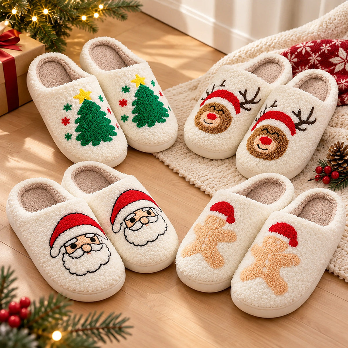 Teddy pantoffels - Retro kerstsloffen met antislipzool