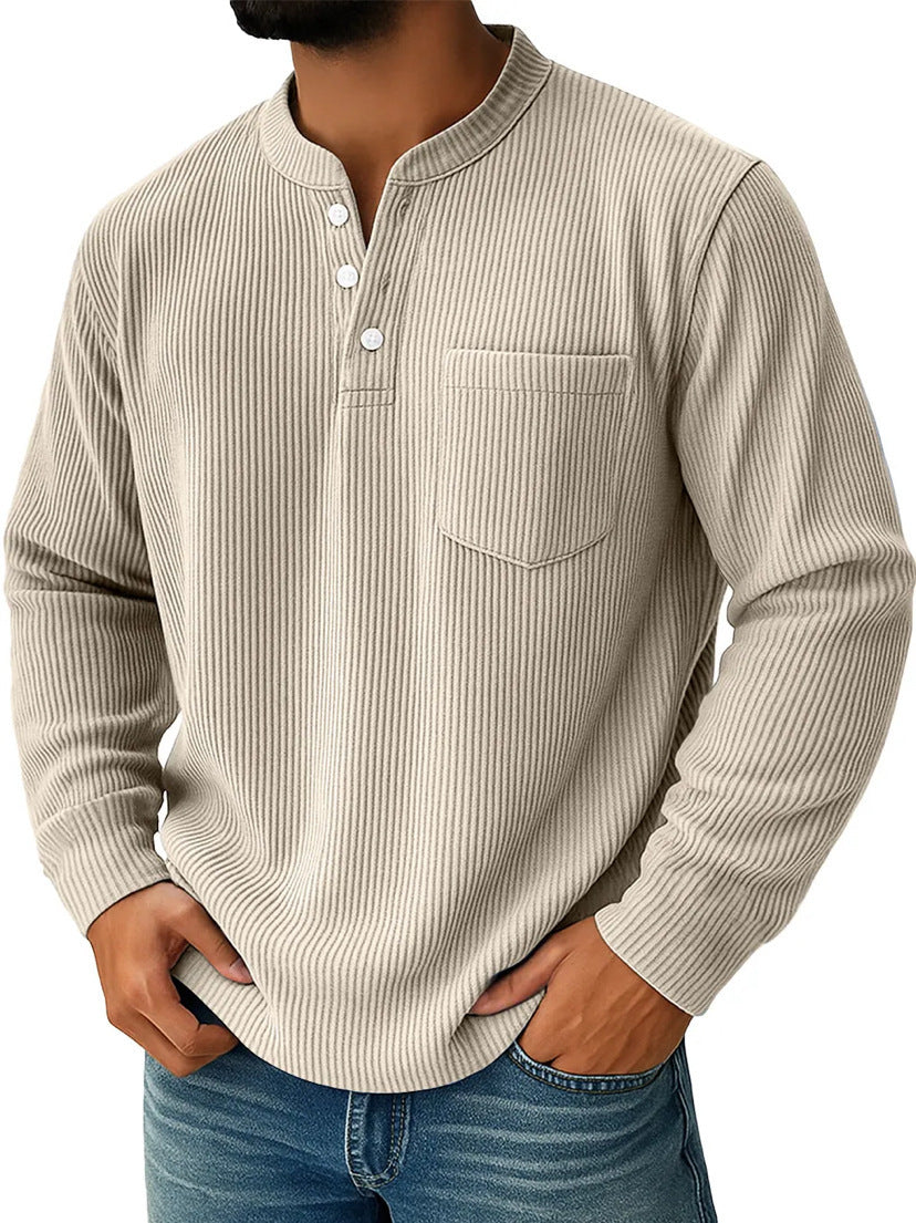 Thermisch henleyshirt voor heren van wafelgebreide stof met opstaande kraag, borstzak en geribde comfortabele pasvorm