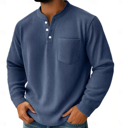 Thermisch henleyshirt voor heren van wafelgebreide stof met opstaande kraag, borstzak en geribde comfortabele pasvorm