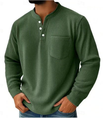 Thermisch henleyshirt voor heren van wafelgebreide stof met opstaande kraag, borstzak en geribde comfortabele pasvorm