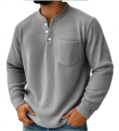 Thermisch henleyshirt voor heren van wafelgebreide stof met opstaande kraag, borstzak en geribde comfortabele pasvorm