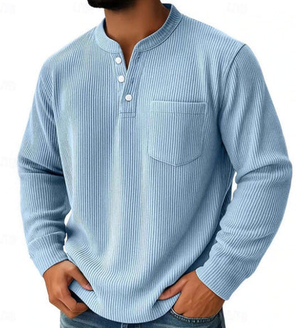 Thermisch henleyshirt voor heren van wafelgebreide stof met opstaande kraag, borstzak en geribde comfortabele pasvorm