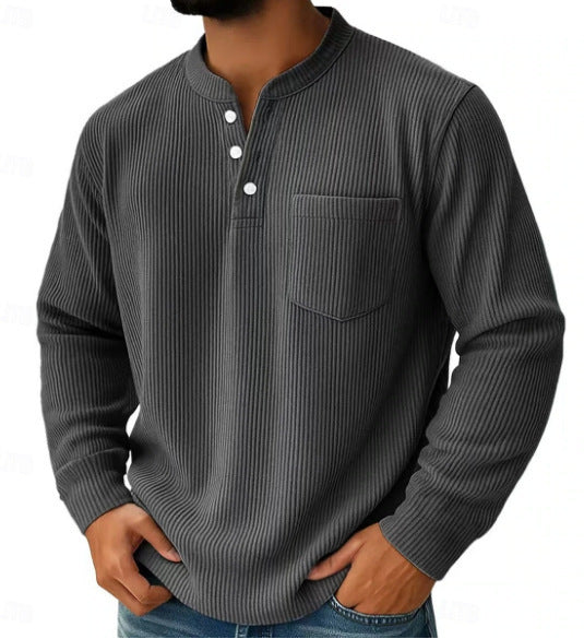 Thermisch henleyshirt voor heren van wafelgebreide stof met opstaande kraag, borstzak en geribde comfortabele pasvorm
