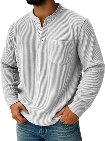 Thermisch henleyshirt voor heren van wafelgebreide stof met opstaande kraag, borstzak en geribde comfortabele pasvorm