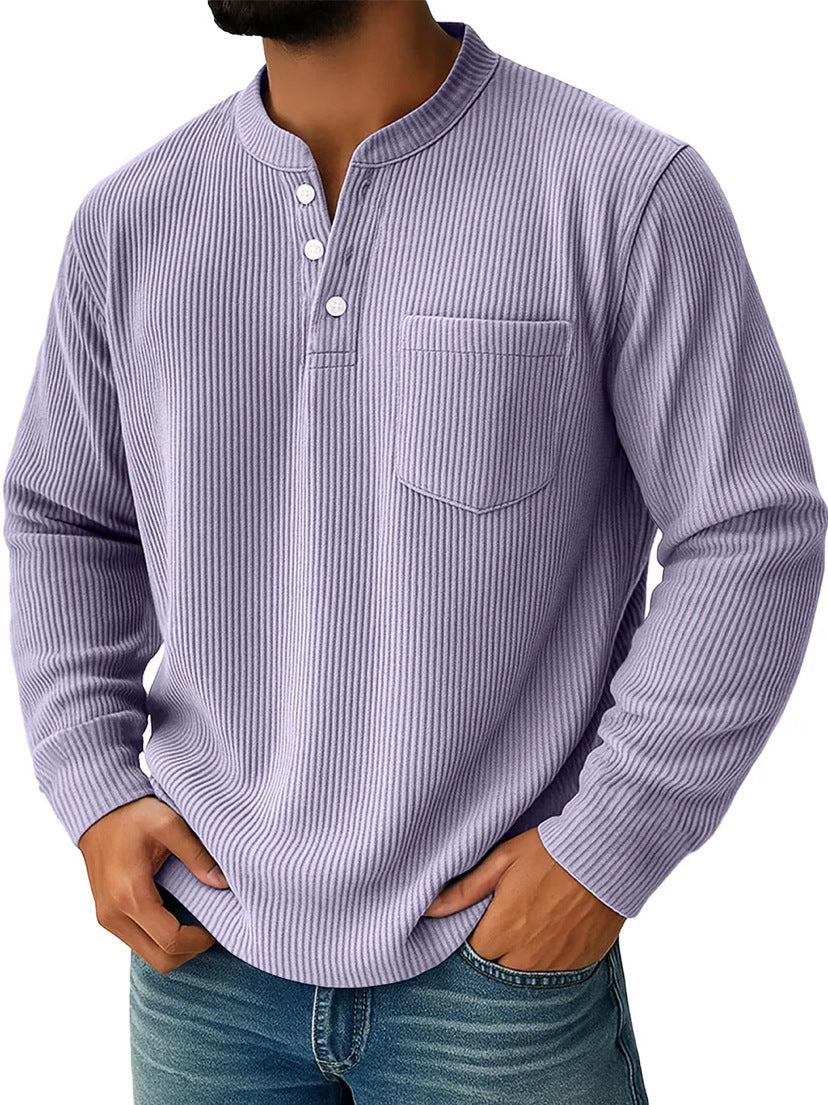 Thermisch henleyshirt voor heren van wafelgebreide stof met opstaande kraag, borstzak en geribde comfortabele pasvorm