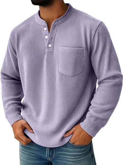 Thermisch henleyshirt voor heren van wafelgebreide stof met opstaande kraag, borstzak en geribde comfortabele pasvorm