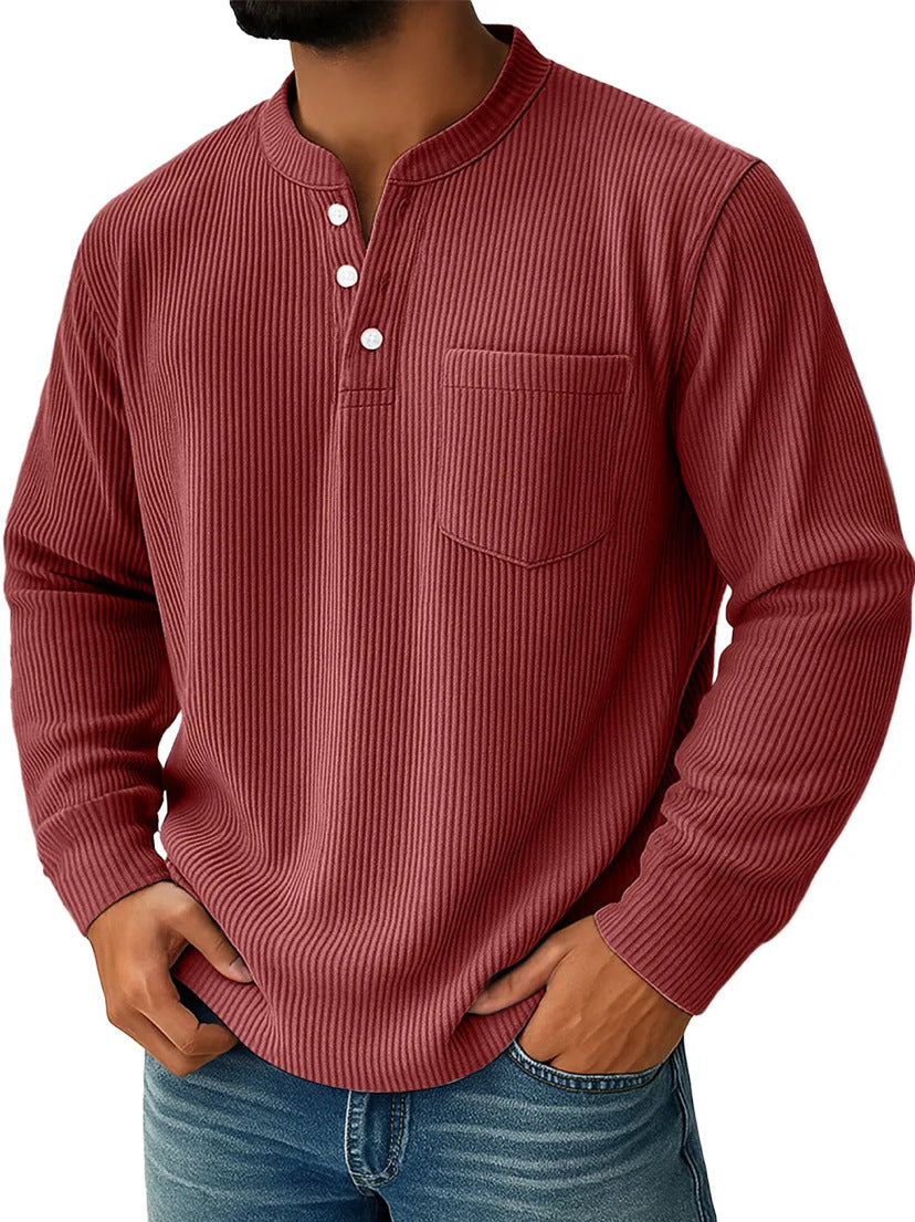 Thermisch henleyshirt voor heren van wafelgebreide stof met opstaande kraag, borstzak en geribde comfortabele pasvorm