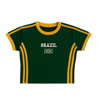 Unisex sportief retro T-shirt met korte mouwen, vlagmotief en getailleerde pasvorm