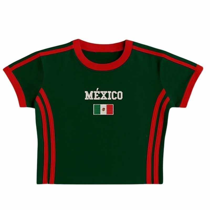 Unisex sportief retro T-shirt met korte mouwen, vlagmotief en getailleerde pasvorm