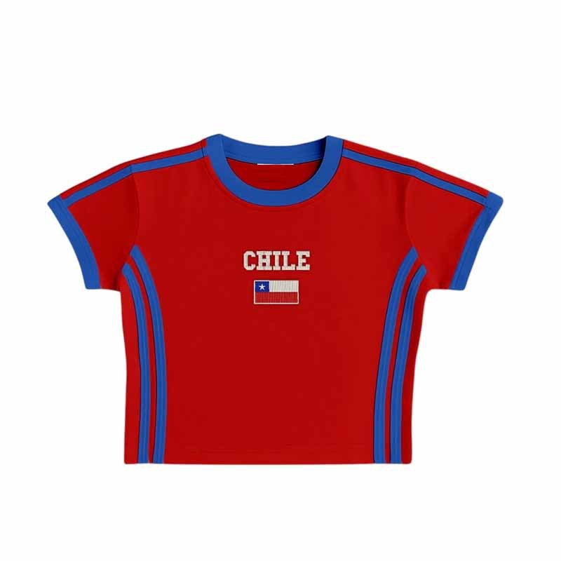 Unisex sportief retro T-shirt met korte mouwen, vlagmotief en getailleerde pasvorm