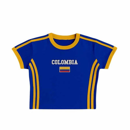 Unisex sportief retro T-shirt met korte mouwen, vlagmotief en getailleerde pasvorm