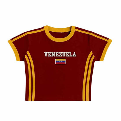 Unisex sportief retro T-shirt met korte mouwen, vlagmotief en getailleerde pasvorm