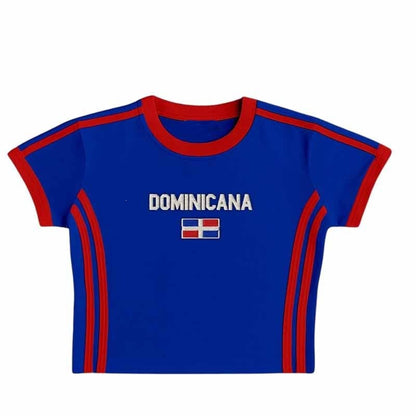 Unisex sportief retro T-shirt met korte mouwen, vlagmotief en getailleerde pasvorm