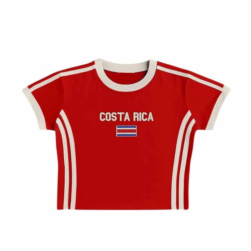 Unisex sportief retro T-shirt met korte mouwen, vlagmotief en getailleerde pasvorm