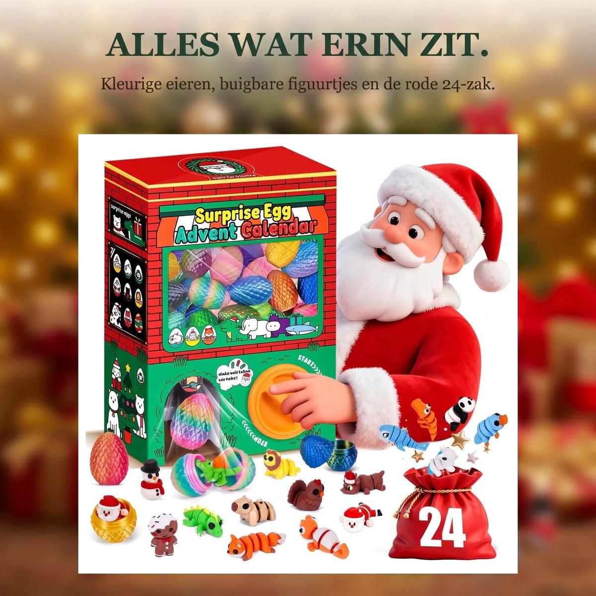 Verrassingseieren Adventskalender, 24 Eieren met Buigbare 3D-geprinte Figuren