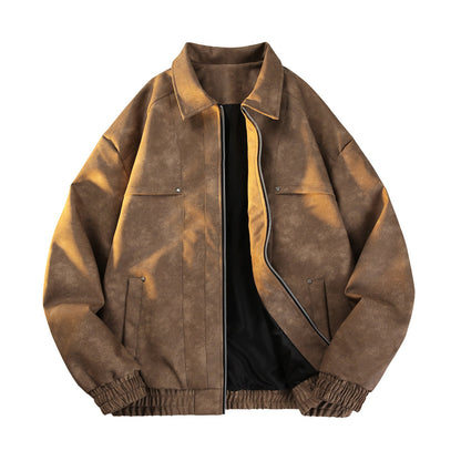 Vintage-geïnspireerde tussenjas met fluweellook voor heren met twee-weg ritssluiting, elastische zoom en klepzakken