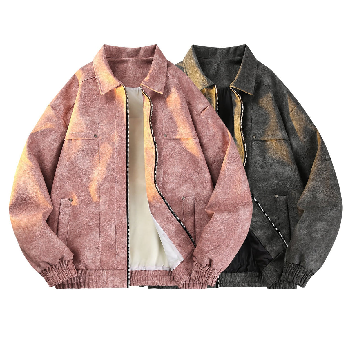 Vintage-geïnspireerde tussenjas met fluweellook voor heren met twee-weg ritssluiting, elastische zoom en klepzakken
