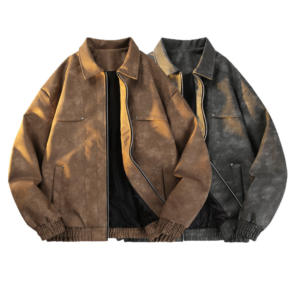 Vintage-geïnspireerde tussenjas met fluweellook voor heren met twee-weg ritssluiting, elastische zoom en klepzakken