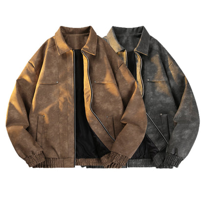 Vintage-geïnspireerde tussenjas met fluweellook voor heren met twee-weg ritssluiting, elastische zoom en klepzakken