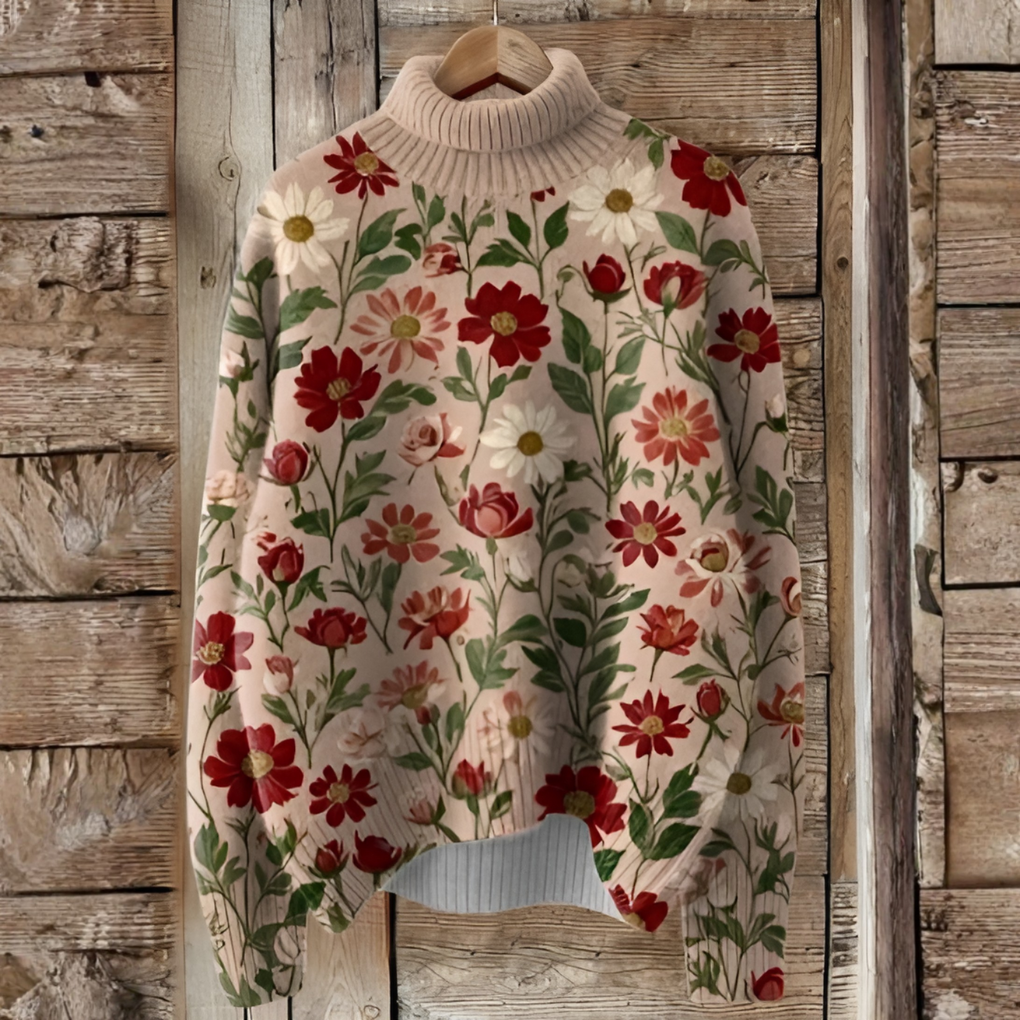 Vintage kersttrui met artistieke print en col – Feestelijke stijl voor koudere dagen