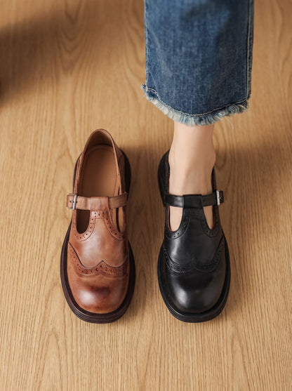 Vintage Mary Jane-ballerina's voor dames met brogue-details, T-band en gesp