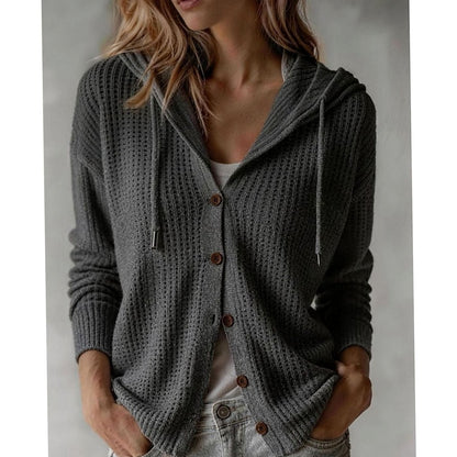 Wafelgebreid vest met capuchon en knopen voor dames