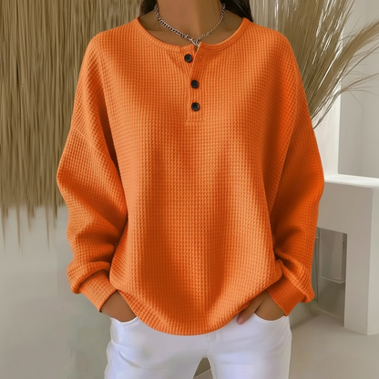 Wafelgebreide damessweater met knoopsluiting - Comfortabele henley-trui met wafelpatroon en lange mouwen - Zachte casual gebreide trui