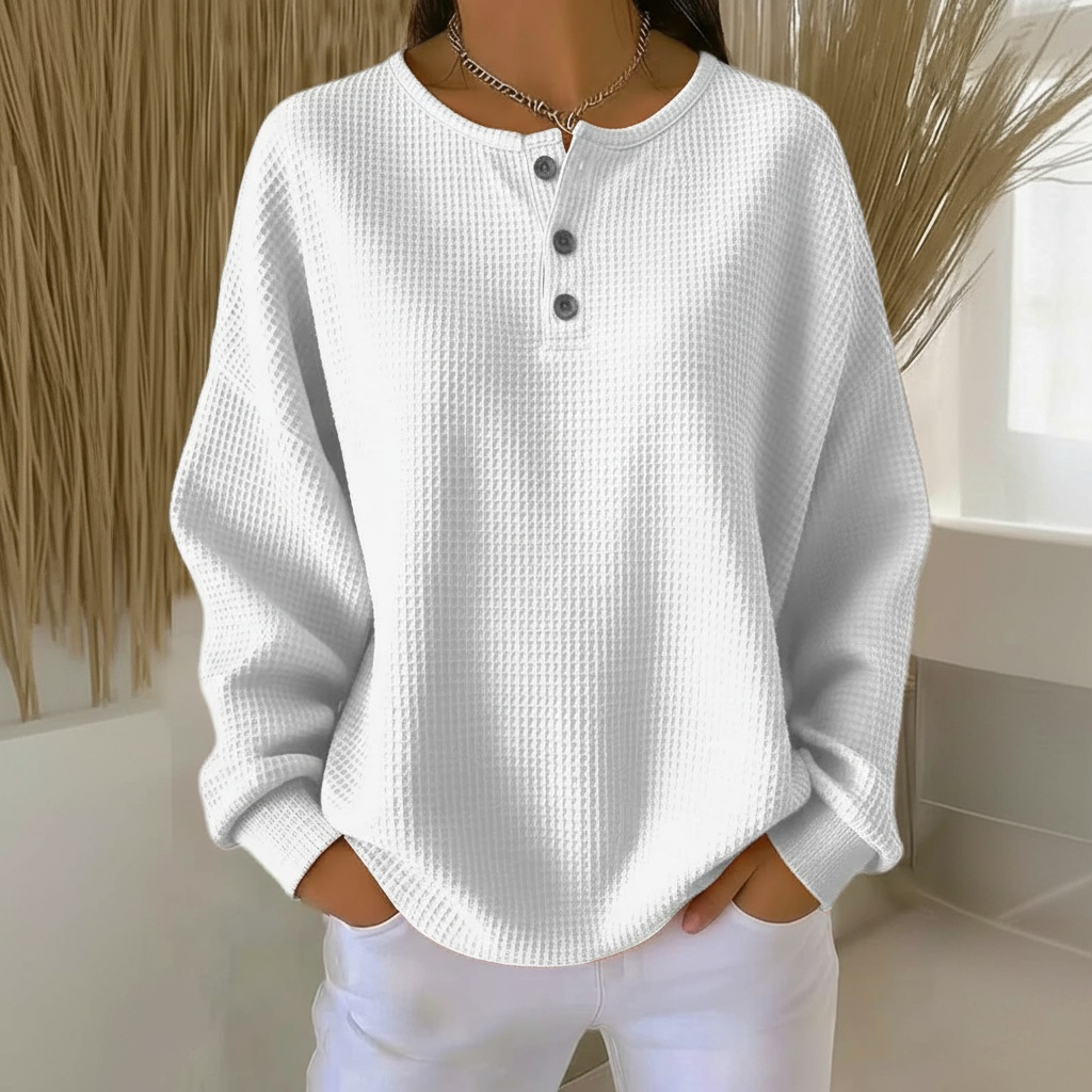 Wafelgebreide damessweater met knoopsluiting - Comfortabele henley-trui met wafelpatroon en lange mouwen - Zachte casual gebreide trui