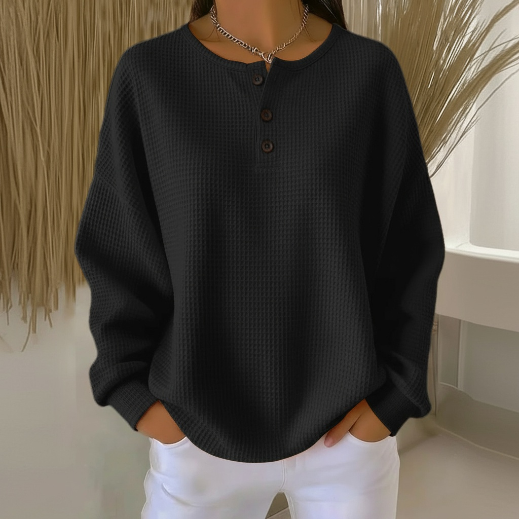 Wafelgebreide damessweater met knoopsluiting - Comfortabele henley-trui met wafelpatroon en lange mouwen - Zachte casual gebreide trui