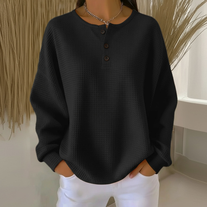Wafelgebreide damessweater met knoopsluiting - Comfortabele henley-trui met wafelpatroon en lange mouwen - Zachte casual gebreide trui