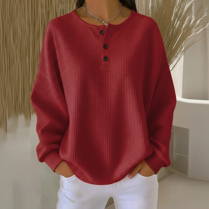 Wafelgebreide damessweater met knoopsluiting - Comfortabele henley-trui met wafelpatroon en lange mouwen - Zachte casual gebreide trui