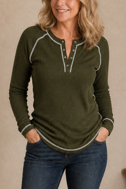 Wafelgebreide henley top met contrasterende stiksels