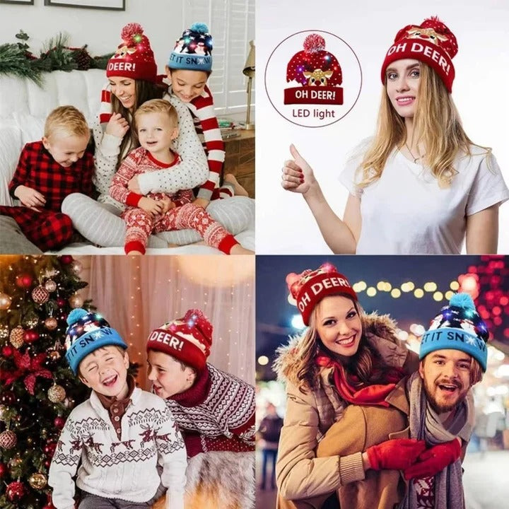Warme gebreide kerstmuts met knipperende ledverlichting