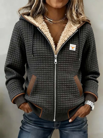 Warme retro outdoorjas voor dames met ruitpatroon en dubbele kraag