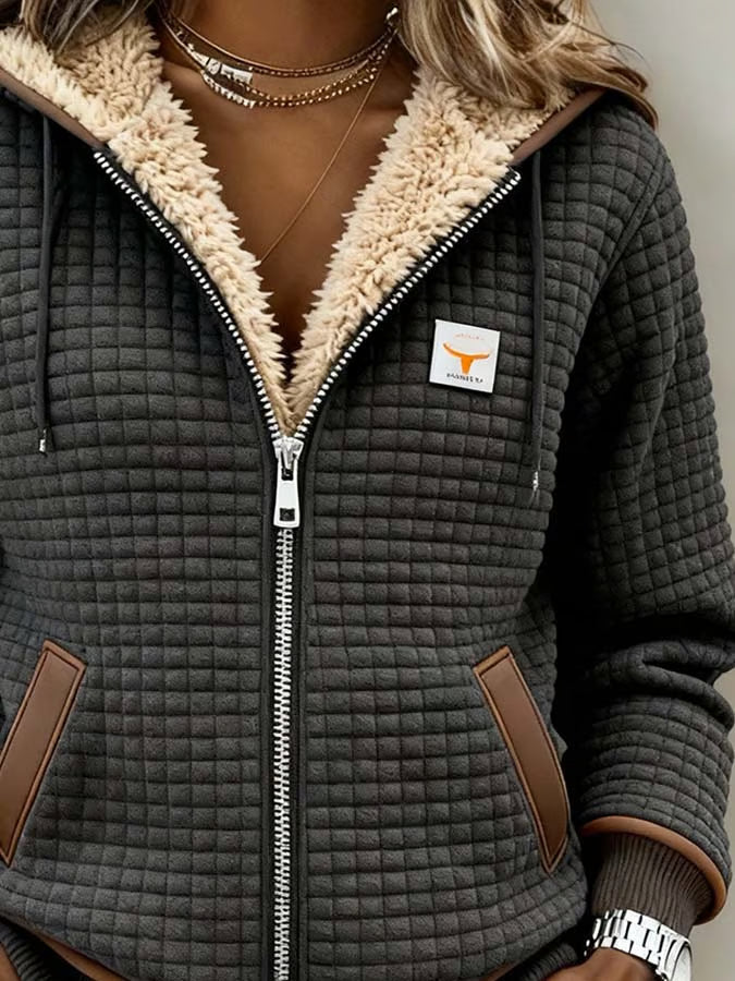 Warme retro outdoorjas voor dames met ruitpatroon en dubbele kraag